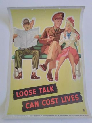 Authentic World War Ii Poster: Three On A Bench.  Loose Talk Can Cost Lives.