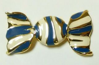 Vintage Signed St.  John Pin Brooch Jewelry Blue Enamel Gold Wrapped Candy