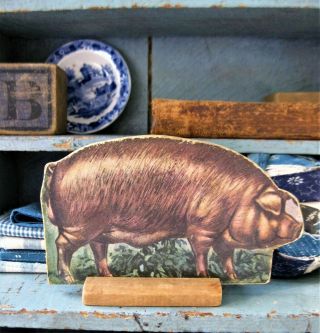 Antique Cardboard Farm Animal W Wood Stand Duroc Jersey Pig