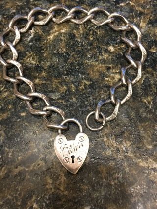Antique Victorian Sterling Curb Link Bracelet With Victorian Padlock “mother”