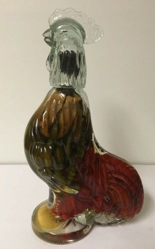 Vintage Rooster Decanter Bottle Clear Glass With Green,  Red Pepper