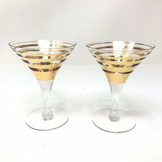 Vintage 1950 ' s MCM Set Of Two Cocktail Glasses Gold Stripe Barware 2