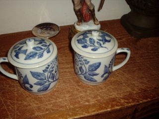 Two Vintage Asian Ceramic Blue And White Bird/flower Covered Tea Cups