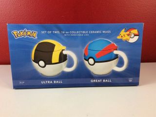 Pokemon Pokeball 16oz Ceramic Mug Set Of 2 W/ Lids Nintendo Ultra And Great Ball