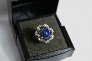 Vintage 10k White Gold Star Sapphire & Diamond Accent Ring Size 6.  5 - 6.  75