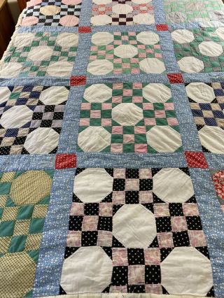 Vintage Handmade Feed Sack Nine Patch Snowball Quilt 61 " X 82 "