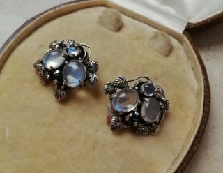 Bernard Instone Att Silver Leaves Earrings Moonstones Sapphires C1930 Lovely