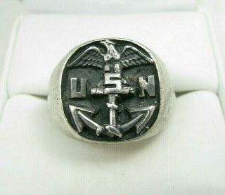 Vintage Wwii Usn Navy Sterling Silver Anchor Eagle Military Ring Sz 9.  25