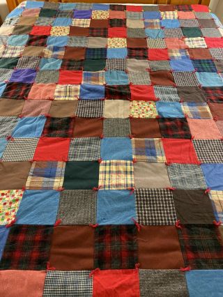 Vintage Handmade Wool & Poly One Patch Quilt Hand Tied 64 " X 77 "
