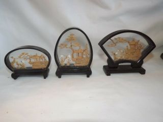Set Of 3 Chinese Carved Cork Art Diorama Black Lacquer Cranes Bonsai Glass Case