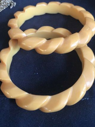 Pr.  Of Vintage Bakelite Butterscotch Carved Twisted Swirl Bangle Bracelets