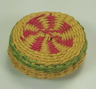 Vintage Native American Indian Folk Art Woven Straw Miniature Covered Basket