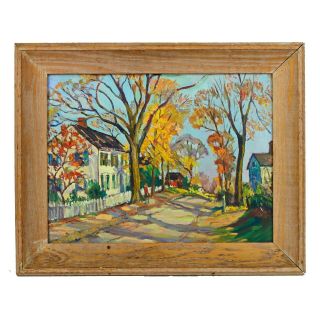 Vintage Hudson Valley Ny Fall Street Scene Landscape Oil On Board Painting