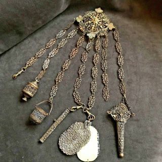 An Antique Late 19thc Chatelaine In Filigree Work With Accessories