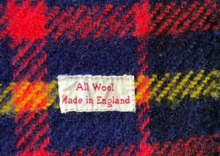 Vintage Wool Plaid Lap Blanket Made In England Navy Blue Red Yellow