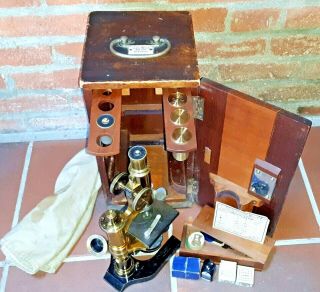 Antique Ernst Leitz Wetzlar Microscope 56171 W/ Case & Accesories