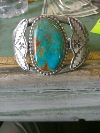 Vintage Navajo Sterling Turquoise Cuff Bracelet Sand Cast Heavy Royston