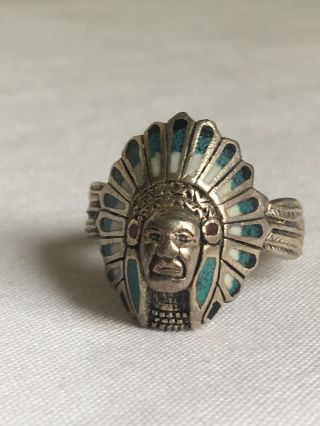 Vintage Navajo Zuni Sterling Silver Native American Indian Chief Turquoise Ring