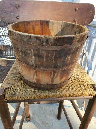 Vintage Antique Primitive Wooden Bucket w/Bail Handle and Metal Straps 3