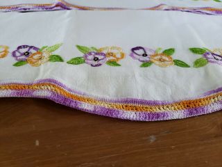 Vintage Embroidered & Crocheted Purple/orange Pansies Pillowcases Scalloped Edge