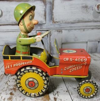 Vintage G.  I.  Joe And His Jouncing Jeep Mechanical Wind - Up Usa Soldier Tin Toy