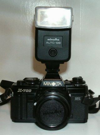 Vtg Minolta X - 700 Mps Black 35mm Camera Body Auto 128 Flash Multi Function Back