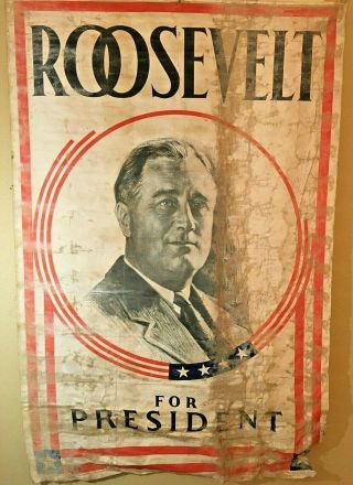 Vintage Large Fdr Roosevelt Presidential Campaign Cloth Banner Poster