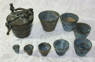 Antique Bronze Apothecary Nesting Cup Closing Weight Set U3 / 23 / 56 / 18.  9 Ex