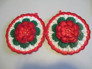 Vintage Crochet Potholders Hot Pads Set Of 2 Large Flower Country Kitchen Decor