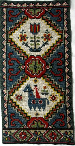 Vintage Hand - Embroidered Wool Tapestry Swedish Folklore Flowers Horse Sweden