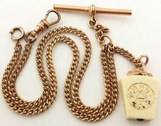 Antique Rolled Gold Double Albert Pocket Watch Chain W 9ct Gold Fob