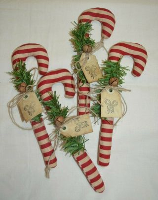 4 Stuffed Primitive Folk Art Candy Canes Christmas Tree Ornies Filler Tuck Decor