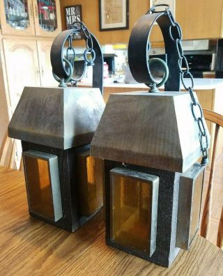 Pair Vintage Wrought Iron Porch / Outside Lantern Amber Glass Electric Lights