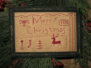 Primitive Sampler 1724 Merry Christmas Reindeer Early Look Folk Art
