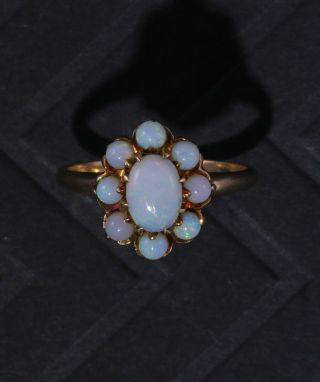 Antique Yellow Gold Natural Green Pink Green Blue Opal Cluster Halo Cluster Ring