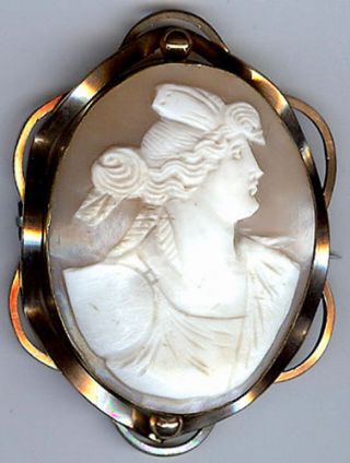 Large Antique Gold Tone Frame Carved Greek God Psyche Shell Cameo Pin Brooch