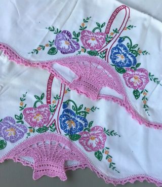 Set Of 2 Vintage Hand Embroidered Crochet Pillowcases Flowers Basket Pink