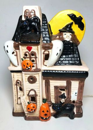 Vtg 10” Ceramic Light Up Haunted House Halloween Witches Cat Ghosts Pumpkins