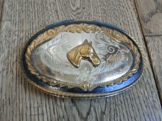 Vintage German Silver Western Horse Head Belt Buckle 4.  75 X 2 5/8