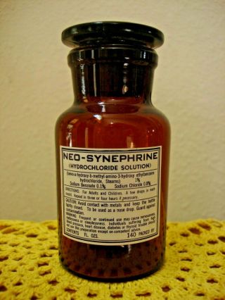 Collectible Amber Medical Bottle " Neo - Synephrine " W/glass Stopper 4.  25 "