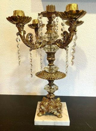 Large Vintage Ornate Brass Candelabra With Hanging Crystals 4 Arm - Gorgeous