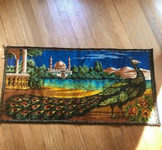 Vintage Velvet Tapestry Of Peacock With Temple In Background 40”x20”