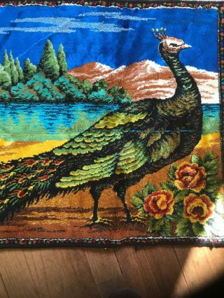 Vintage Velvet Tapestry Of Peacock With Temple In Background 40”x20” 2