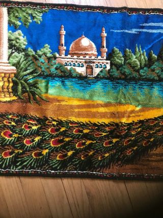 Vintage Velvet Tapestry Of Peacock With Temple In Background 40”x20” 3