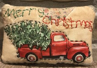Primitive Merry Christmas Shelf Pillow - Made From Vintage Quilt