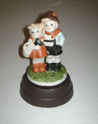 Vintage Sanyo Revolving Music Box Bisque Porcelain Boy & Girl Plays Edelweiss