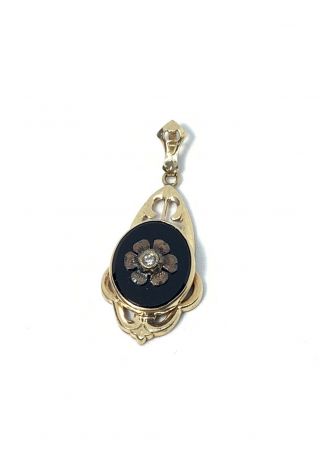 Vintage 14k Gold Black Onyx Flower Diamond Pendant Necklace By Esemco