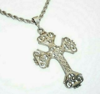 Vintage Los Ballesteros Large 925 Sterling Taxco Mexico Cross Pendant Necklace