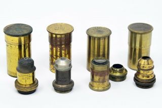 Antique Brass Microscope Objectives By Swift Leitz Ladd And Watson In Canisters