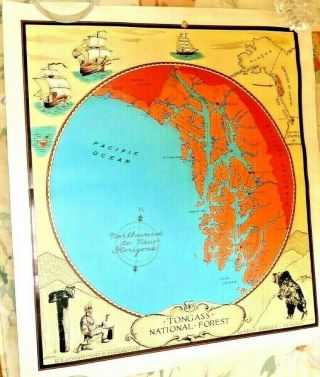 Vintage Lovely Cartoon Map Tongass National Forest Alaska By Shafer Scarce